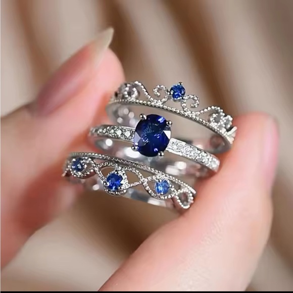 Unique Design 3Pcs Set Rings Women with Blue Cubic Zirconia - Picture 2 of 2